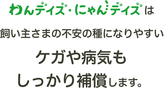 わんデイズ・にゃんデイズは飼い主さまの負担の種になりやすいケガや病気もしっかり補償します。