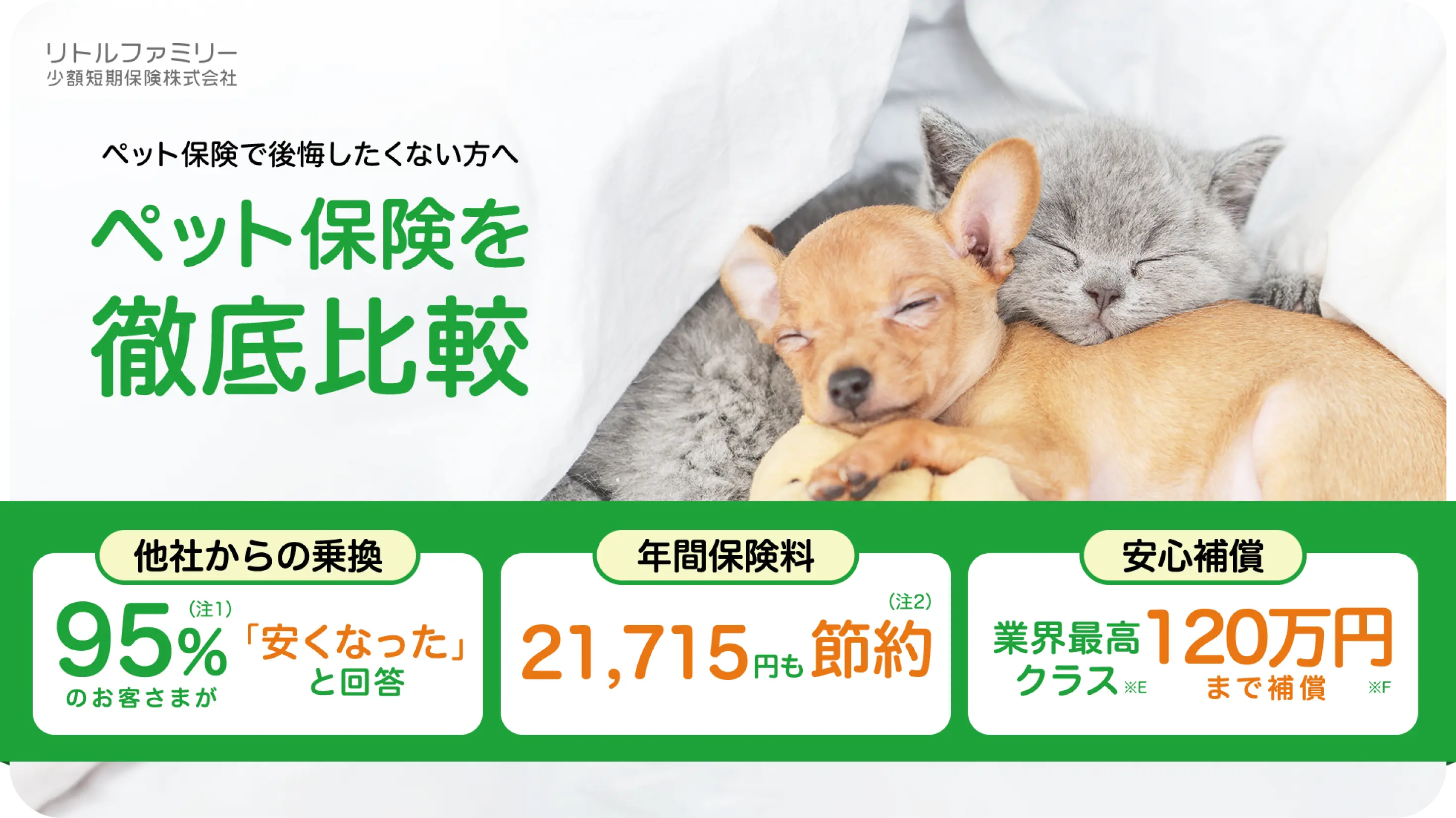 リトルファミリー少額短期保険株式会社 | ペット保険で後悔したくない方へ | ペット保険を徹底比較 | 他社からの乗り換え 95%のお客さまが「安くなった」と回答 | 年間保険料 21,715円も節約 | 安心補償 業界最高クラス120万円まで補償 | ペット保険 NEW よい保険悪い保険 2024 第1位