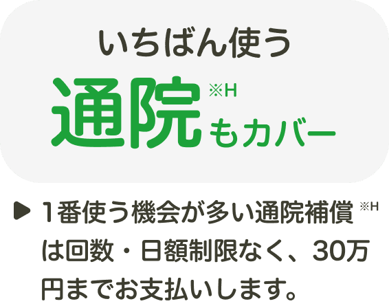 いちばん使う通院もカバー ▶1番使う機会が多い通院補償は回数・日額制限なく、30万円までお支払いします。